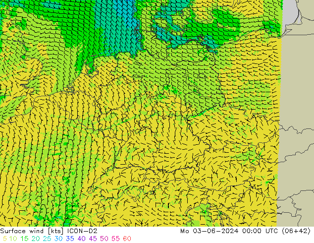 Surface wind ICON-D2 Mo 03.06.2024 00 UTC