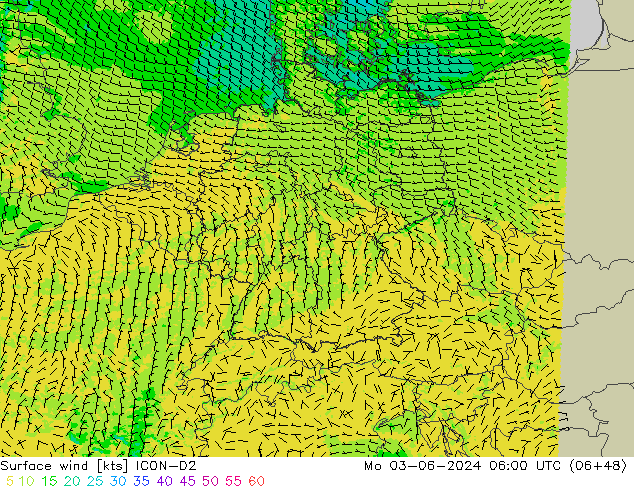 Vent 10 m ICON-D2 lun 03.06.2024 06 UTC