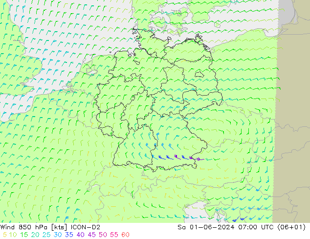 Vent 850 hPa ICON-D2 sam 01.06.2024 07 UTC