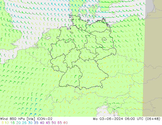 Wind 850 hPa ICON-D2 Mo 03.06.2024 06 UTC