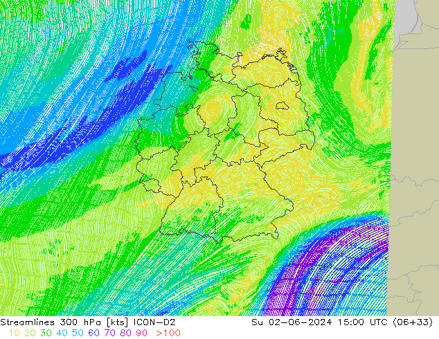 Streamlines 300 hPa ICON-D2 Su 02.06.2024 15 UTC