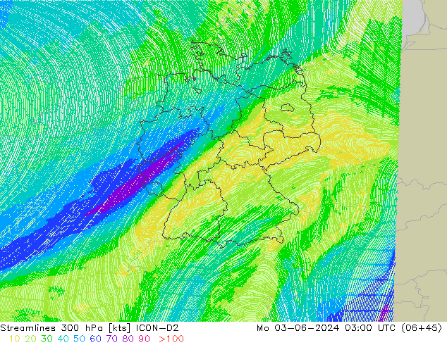 Streamlines 300 hPa ICON-D2 Mo 03.06.2024 03 UTC