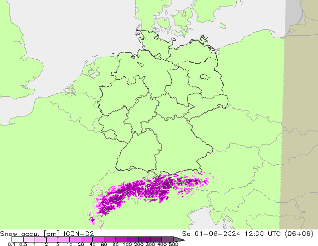 Snow accu. ICON-D2 So 01.06.2024 12 UTC