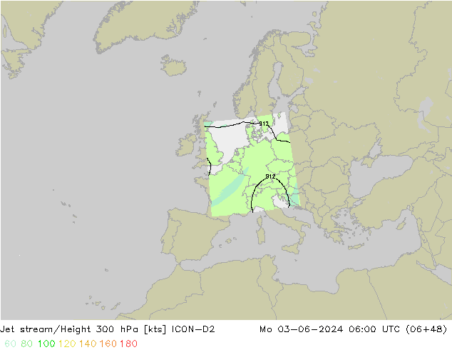 Corriente en chorro ICON-D2 lun 03.06.2024 06 UTC