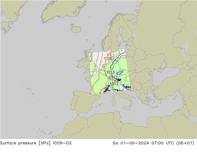 地面气压 ICON-D2 星期六 01.06.2024 07 UTC