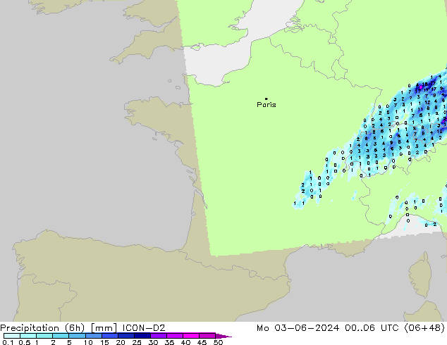 Yağış (6h) ICON-D2 Pzt 03.06.2024 06 UTC