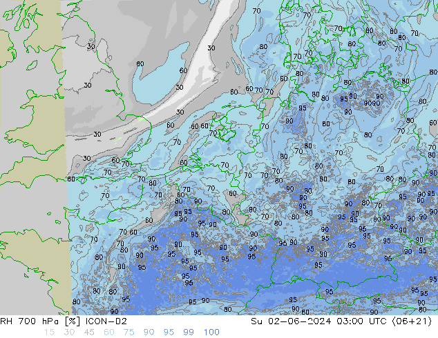 Humidité rel. 700 hPa ICON-D2 dim 02.06.2024 03 UTC