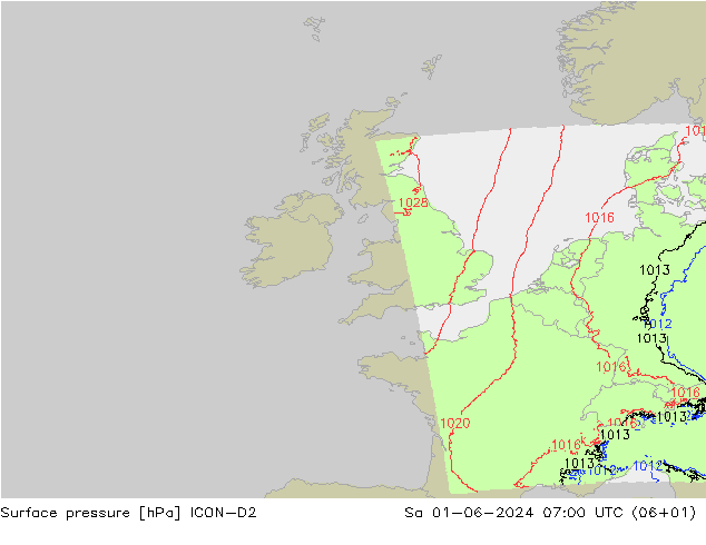 Pressione al suolo ICON-D2 sab 01.06.2024 07 UTC