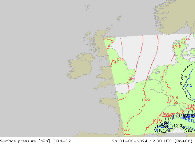 Pressione al suolo ICON-D2 sab 01.06.2024 12 UTC