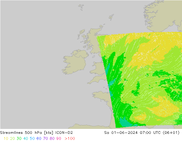 Stroomlijn 500 hPa ICON-D2 za 01.06.2024 07 UTC