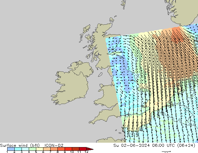 Surface wind (bft) ICON-D2 Ne 02.06.2024 06 UTC