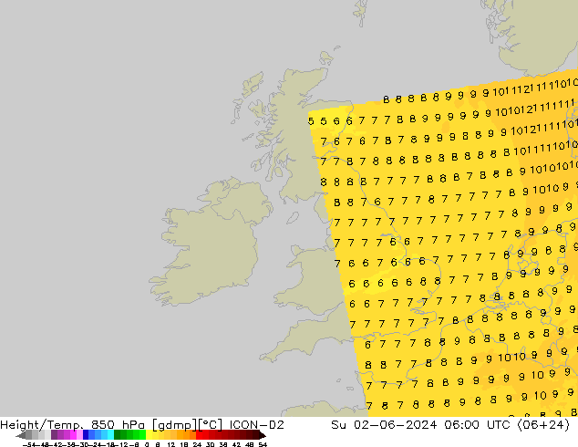 Height/Temp. 850 hPa ICON-D2  02.06.2024 06 UTC