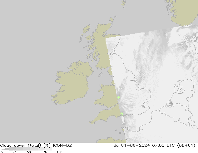 Cloud cover (total) ICON-D2 Sa 01.06.2024 07 UTC