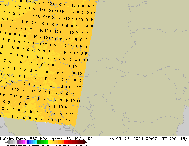 Height/Temp. 850 hPa ICON-D2 Seg 03.06.2024 09 UTC