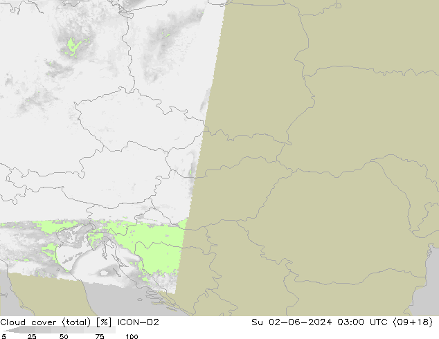 Cloud cover (total) ICON-D2 Su 02.06.2024 03 UTC