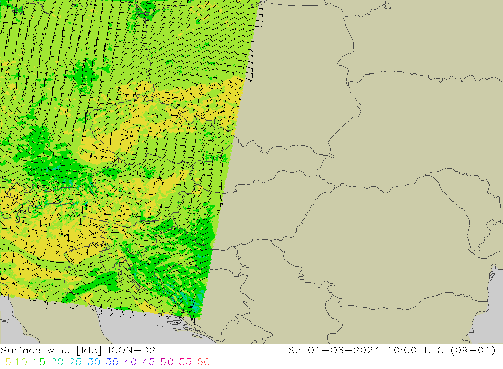 Vento 10 m ICON-D2 Sáb 01.06.2024 10 UTC