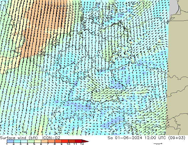 Surface wind (bft) ICON-D2 Sa 01.06.2024 12 UTC