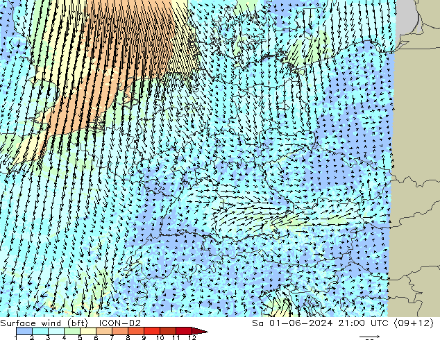 Rüzgar 10 m (bft) ICON-D2 Cts 01.06.2024 21 UTC