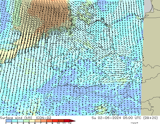 Wind 10 m (bft) ICON-D2 zo 02.06.2024 05 UTC