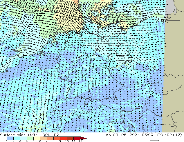 Surface wind (bft) ICON-D2 Po 03.06.2024 03 UTC