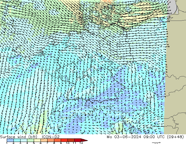 Surface wind (bft) ICON-D2 Po 03.06.2024 09 UTC