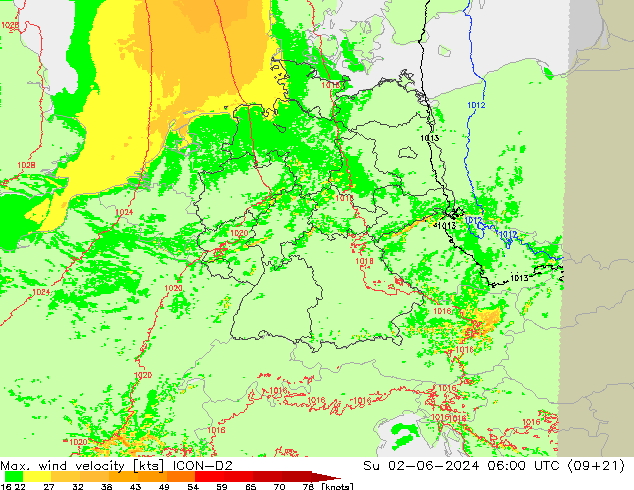 Max. wind velocity ICON-D2 Dom 02.06.2024 06 UTC