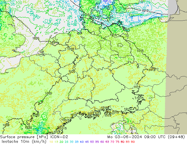 Isotachs (kph) ICON-D2 lun 03.06.2024 09 UTC