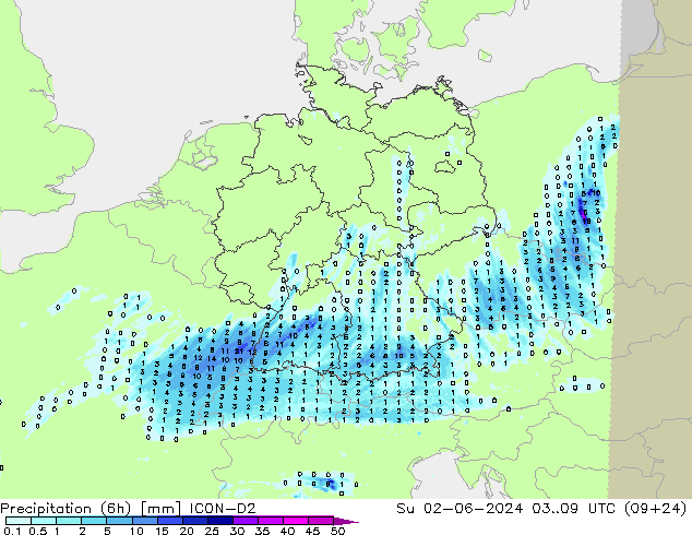 Precipitación (6h) ICON-D2 dom 02.06.2024 09 UTC