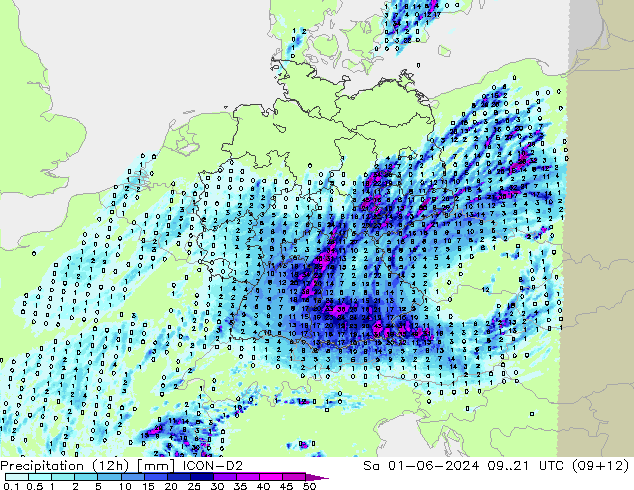 Precipitación (12h) ICON-D2 sáb 01.06.2024 21 UTC