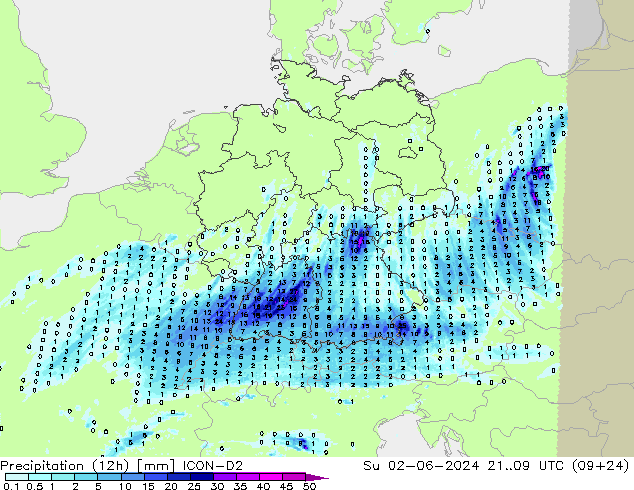 Precipitação (12h) ICON-D2 Dom 02.06.2024 09 UTC