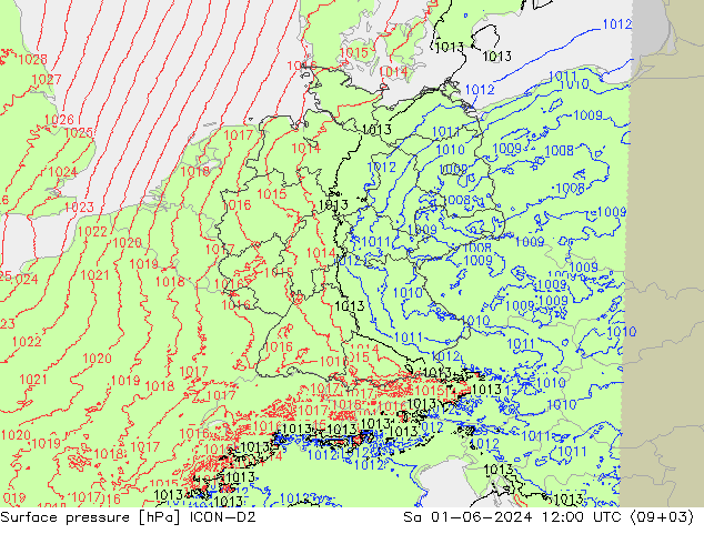 Surface pressure ICON-D2 Sa 01.06.2024 12 UTC