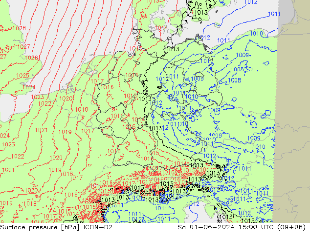 Surface pressure ICON-D2 Sa 01.06.2024 15 UTC