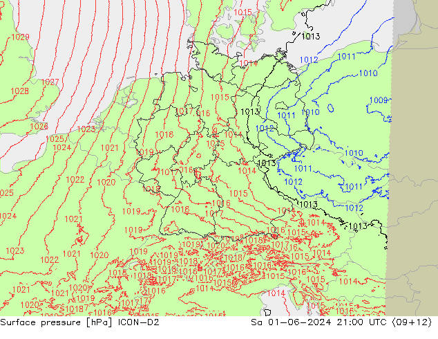 Surface pressure ICON-D2 Sa 01.06.2024 21 UTC