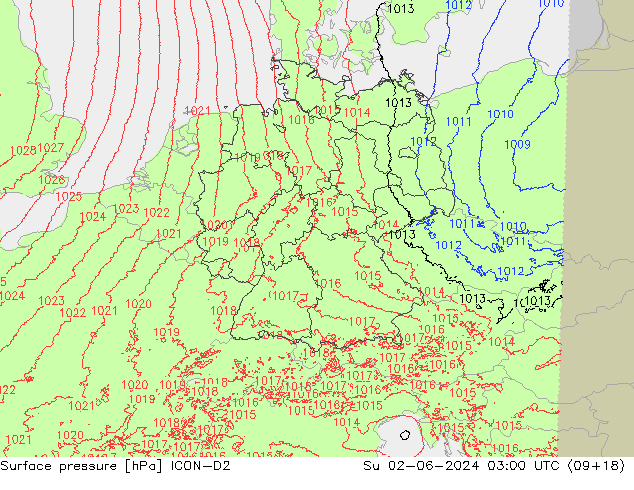 Atmosférický tlak ICON-D2 Ne 02.06.2024 03 UTC