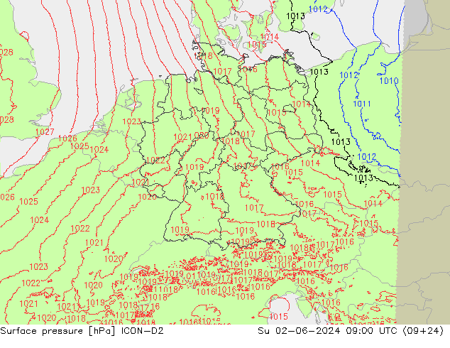 地面气压 ICON-D2 星期日 02.06.2024 09 UTC