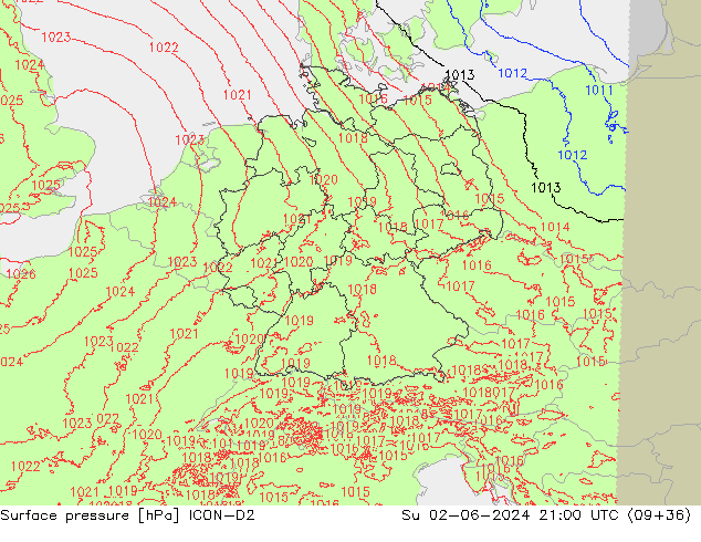 Presión superficial ICON-D2 dom 02.06.2024 21 UTC