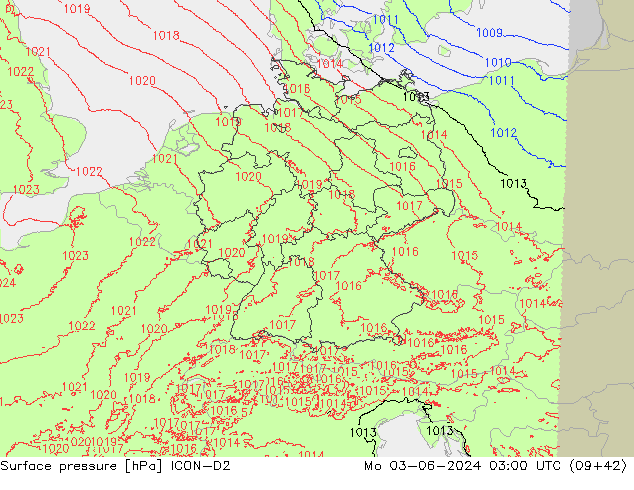 Surface pressure ICON-D2 Mo 03.06.2024 03 UTC