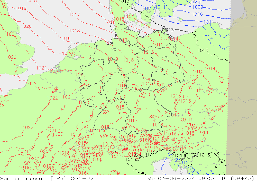 Surface pressure ICON-D2 Mo 03.06.2024 09 UTC