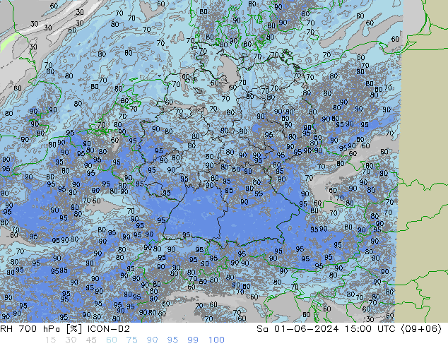 RH 700 hPa ICON-D2 星期六 01.06.2024 15 UTC