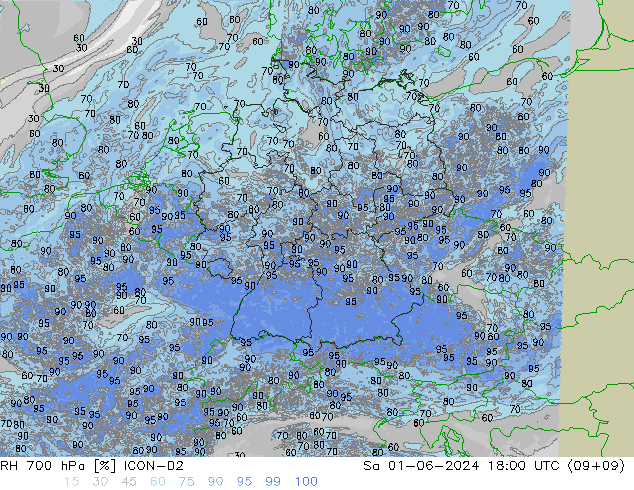 RH 700 hPa ICON-D2 Sáb 01.06.2024 18 UTC