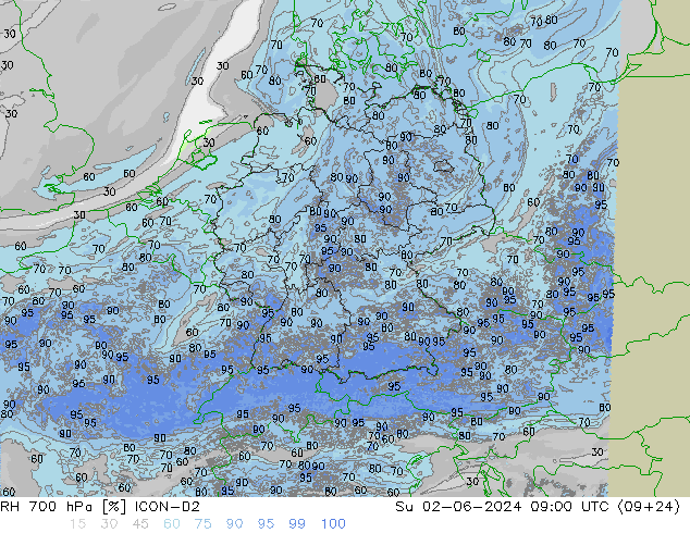 RH 700 hPa ICON-D2 nie. 02.06.2024 09 UTC