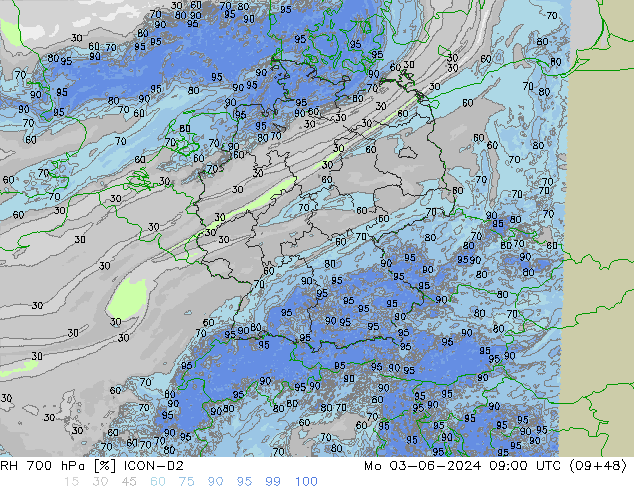 RH 700 hPa ICON-D2 pon. 03.06.2024 09 UTC