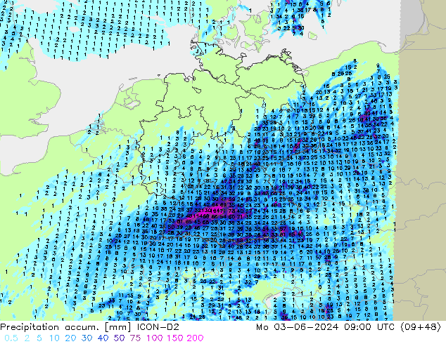 Precipitation accum. ICON-D2 Mo 03.06.2024 09 UTC