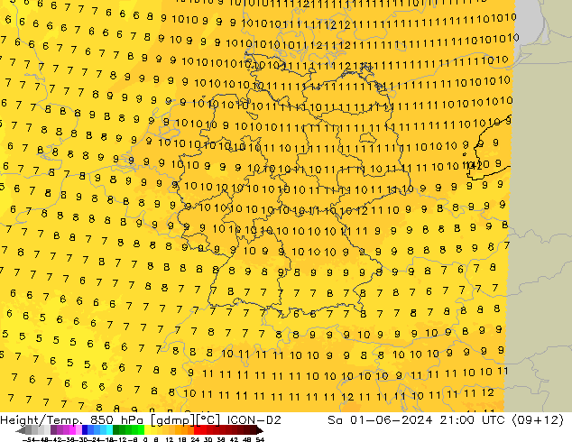 Height/Temp. 850 hPa ICON-D2  01.06.2024 21 UTC