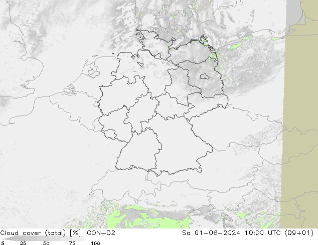 Cloud cover (total) ICON-D2 So 01.06.2024 10 UTC