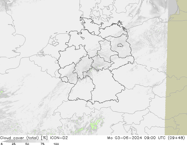 Nubi (totali) ICON-D2 lun 03.06.2024 09 UTC