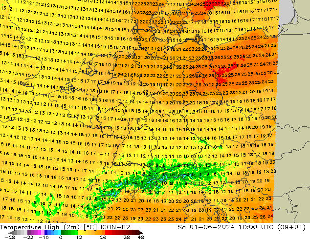 Höchstwerte (2m) ICON-D2 Sa 01.06.2024 10 UTC