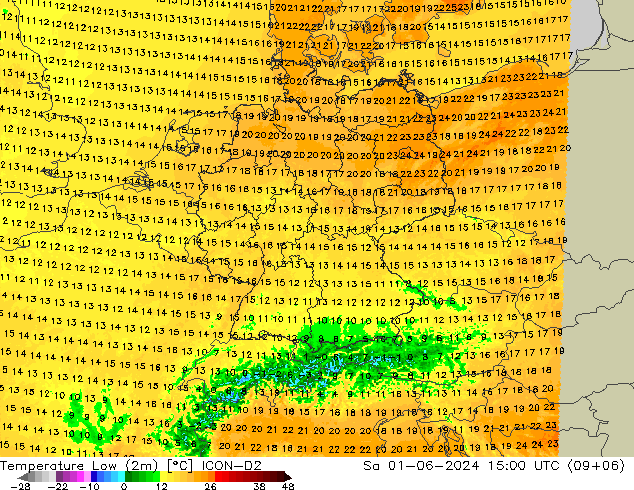 température 2m min ICON-D2 sam 01.06.2024 15 UTC