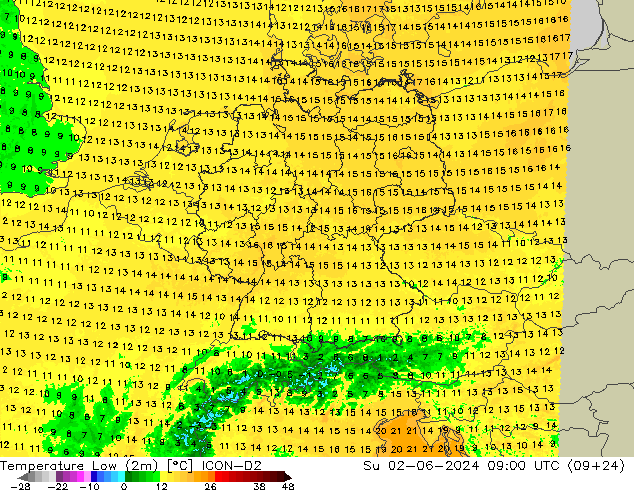 Tiefstwerte (2m) ICON-D2 So 02.06.2024 09 UTC