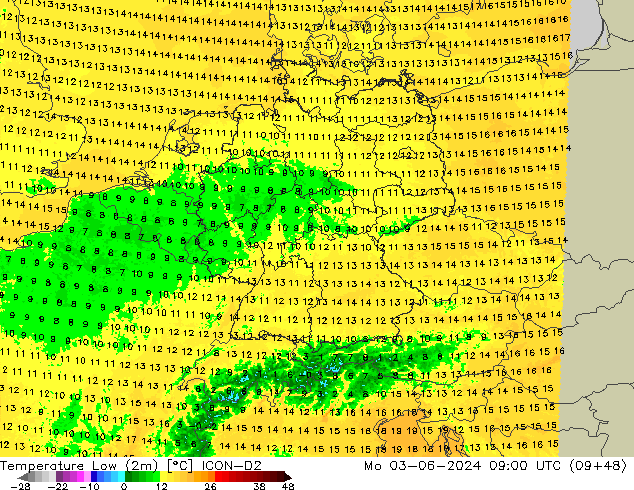 Min.temperatuur (2m) ICON-D2 ma 03.06.2024 09 UTC